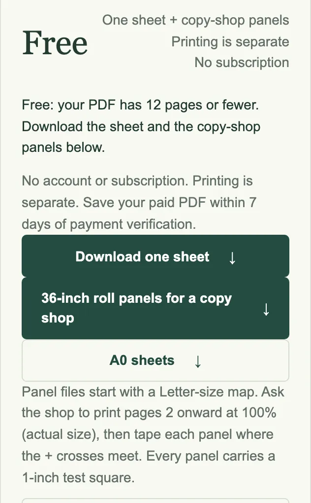 The download buttons for a free 8-page pattern: one sheet, 36-inch roll panels, A0 sheets