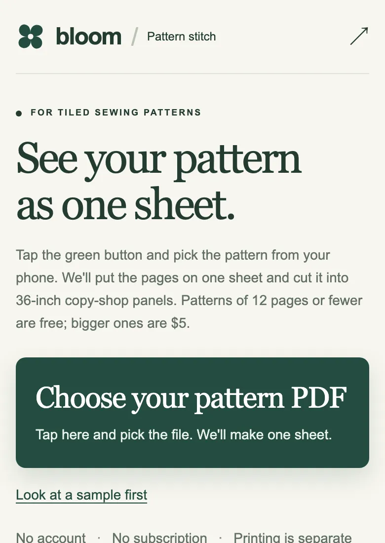 The Pattern Stitch start screen on a phone with a large Choose your pattern PDF button