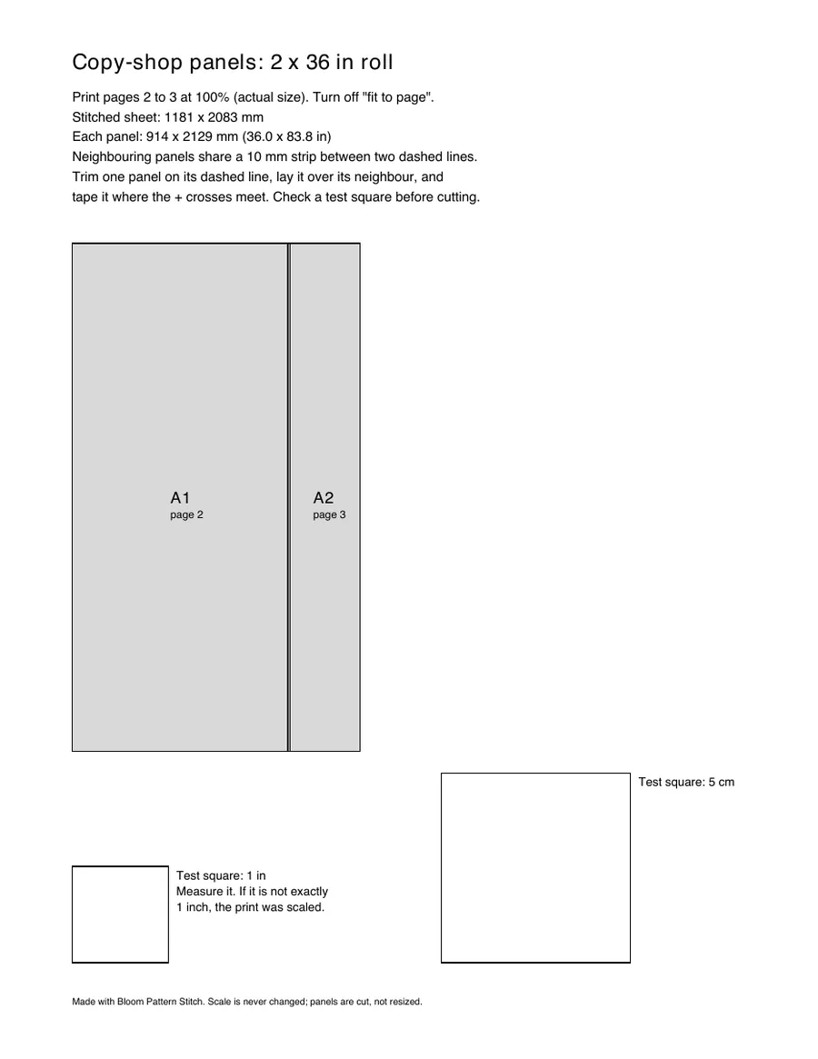 The panel map page: panel A1 and A2 outlined on the sheet, with a 1-inch and a 5 cm test square